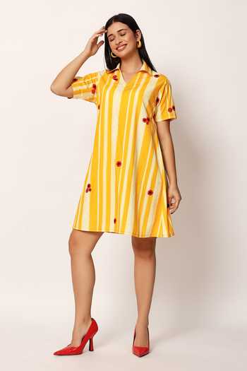 Shop_Ruhr India_Multi Color Cotton Collared Neck Stripe Print Dress _Online_at_Aza_Fashions