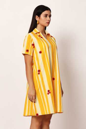 Ruhr India_Multi Color Cotton Collared Neck Stripe Print Dress _at_Aza_Fashions
