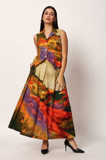 Ruhr India_Multi Color Cotton Collared Neck Chiyo Printed Jacket And Skirt Set _Online_at_Aza_Fashions