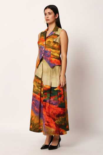 Buy_Ruhr India_Multi Color Cotton Collared Neck Chiyo Printed Jacket And Skirt Set _Online_at_Aza_Fashions