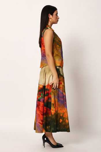 Shop_Ruhr India_Multi Color Cotton Collared Neck Chiyo Printed Jacket And Skirt Set _Online_at_Aza_Fashions