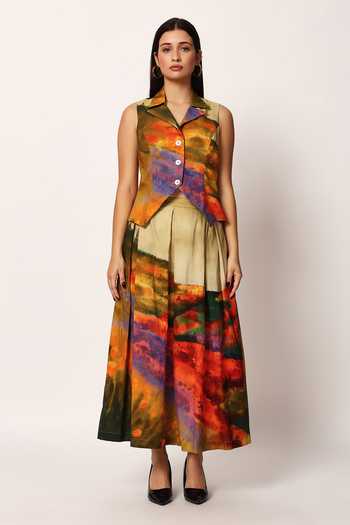 Ruhr India_Multi Color Cotton Collared Neck Chiyo Printed Jacket And Skirt Set _at_Aza_Fashions