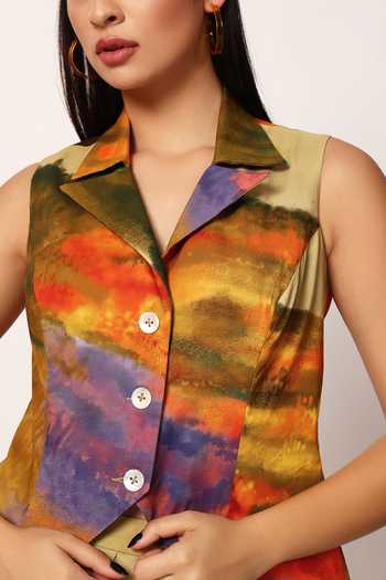 Buy_Ruhr India_Multi Color Cotton Collared Neck Chiyo Printed Jacket And Skirt Set 