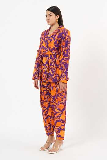 Ruhr India_Purple Cotton, Linen Collared Neck Anahita Persian Print Shirt And Pant Set _Online_at_Aza_Fashions