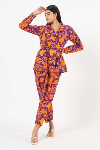 Buy_Ruhr India_Purple Cotton, Linen Collared Neck Anahita Persian Print Shirt And Pant Set _Online_at_Aza_Fashions