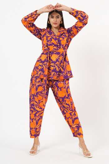 Shop_Ruhr India_Purple Cotton, Linen Collared Neck Anahita Persian Print Shirt And Pant Set _Online_at_Aza_Fashions