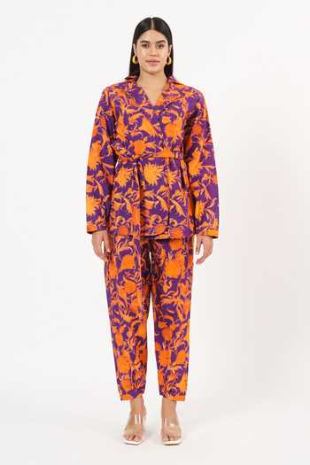 Ruhr India_Purple Cotton, Linen Collared Neck Anahita Persian Print Shirt And Pant Set _at_Aza_Fashions