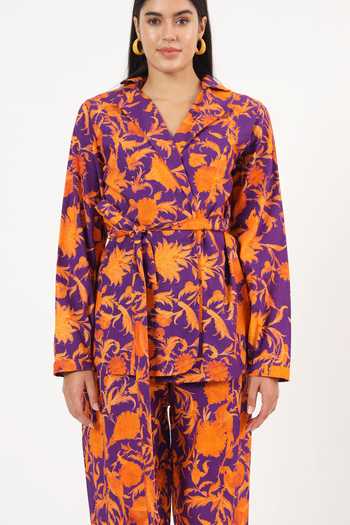 Buy_Ruhr India_Purple Cotton, Linen Collared Neck Anahita Persian Print Shirt And Pant Set 
