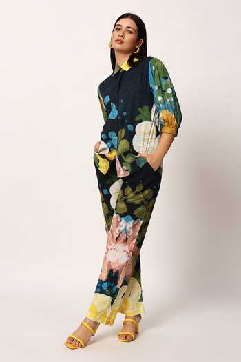 Ruhr India_Multi Color Cotton Collared Neck Kosumosu Floral Print Top And Pant Set _Online_at_Aza_Fashions