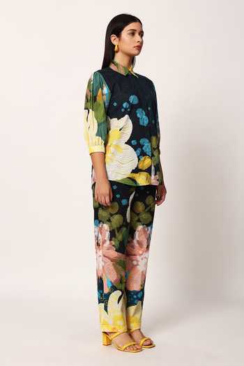 Shop_Ruhr India_Multi Color Cotton Collared Neck Kosumosu Floral Print Top And Pant Set _Online_at_Aza_Fashions