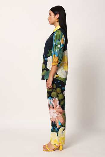 Ruhr India_Multi Color Cotton Collared Neck Kosumosu Floral Print Top And Pant Set _at_Aza_Fashions