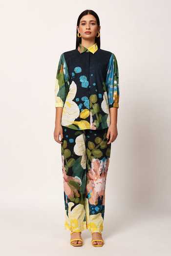 Buy_Ruhr India_Multi Color Cotton Collared Neck Kosumosu Floral Print Top And Pant Set 