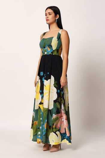 Buy_Ruhr India_Multi Color Cotton Square Neck Kosumosu Printed Dress 