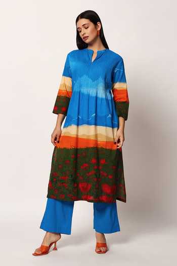 Buy_Ruhr India_Multi Color Cotton Split V-neck, Yes Canyon Scenery Print Kurta And Pant Set _Online_at_Aza_Fashions
