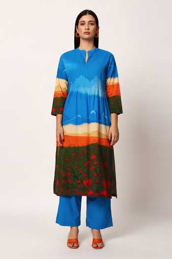 Ruhr India_Multi Color Cotton Split V-neck, Yes Canyon Scenery Print Kurta And Pant Set _at_Aza_Fashions