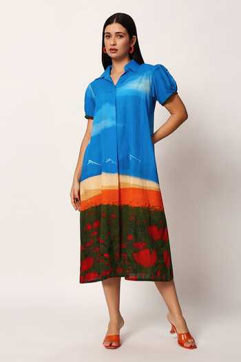 Buy Ruhr India Multi Color Cotton Collared , Button-down Canyon Scenery Print Dress Buy_Ruhr India_Multi Color Cotton Collared , Button-down Canyon Scenery Print Dress