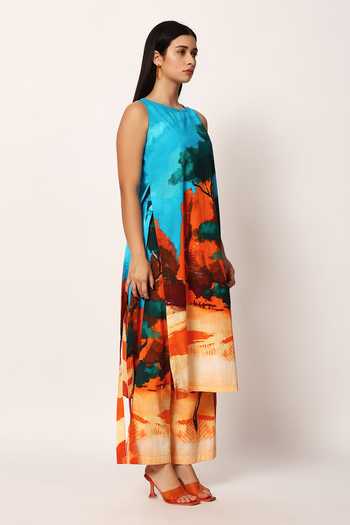 Buy_Ruhr India_Multi Color Cotton Round Neck, Yes Abyss A-line Printed Kurta And Pant Set _Online_at_Aza_Fashions