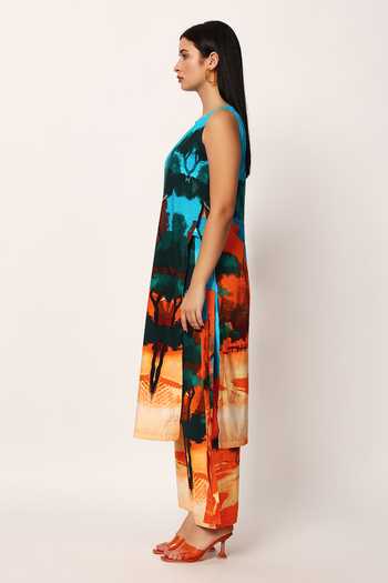Shop_Ruhr India_Multi Color Cotton Round Neck, Yes Abyss A-line Printed Kurta And Pant Set _Online_at_Aza_Fashions