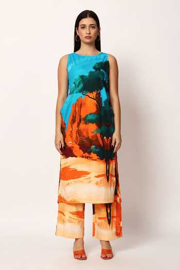 Ruhr India_Multi Color Cotton Round Neck, Yes Abyss A-line Printed Kurta And Pant Set _at_Aza_Fashions