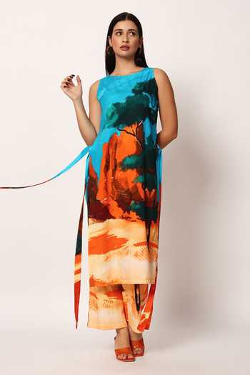 Buy_Ruhr India_Multi Color Cotton Round Neck, Yes Abyss A-line Printed Kurta And Pant Set 