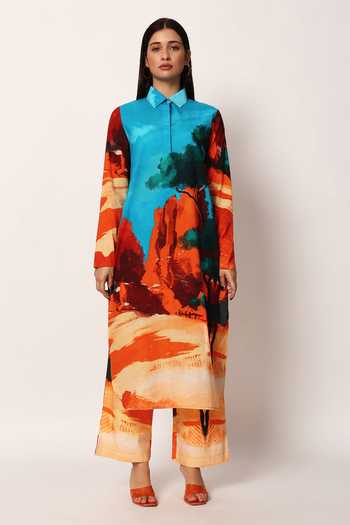 Buy Ruhr India Multi Color Cotton Collared Neck Abyss A-line Printed Kurta And Pant Set Online at Aza Fashions Buy_Ruhr India_Multi Color Cotton Collared Neck Abyss A-line Printed Kurta And Pant Set _Online_at_Aza_Fashions