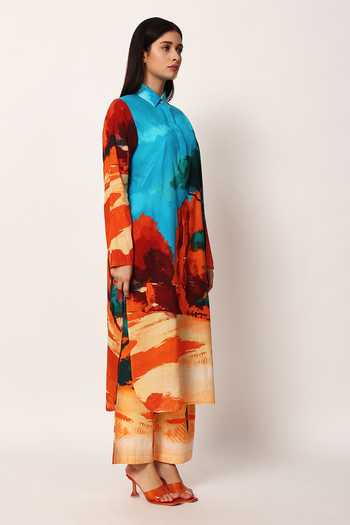 Shop Ruhr India Multi Color Cotton Collared Neck Abyss A-line Printed Kurta And Pant Set Shop_Ruhr India_Multi Color Cotton Collared Neck Abyss A-line Printed Kurta And Pant Set