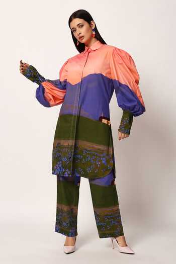 Buy_Ruhr India_Multi Color Cotton Collared Neck Sakuraa Print Kurta And Pant Set _Online_at_Aza_Fashions