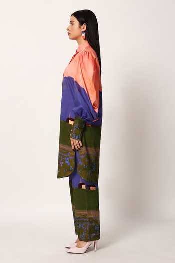 Shop_Ruhr India_Multi Color Cotton Collared Neck Sakuraa Print Kurta And Pant Set _Online_at_Aza_Fashions