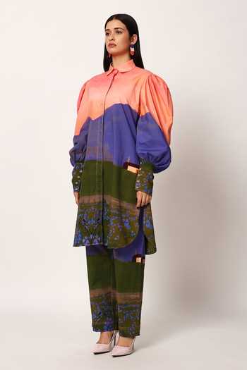 Ruhr India_Multi Color Cotton Collared Neck Sakuraa Print Kurta And Pant Set _at_Aza_Fashions