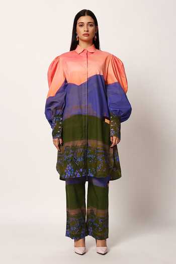 Shop_Ruhr India_Multi Color Cotton Collared Neck Sakuraa Print Kurta And Pant Set 