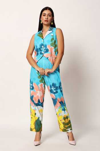 Ruhr India_Blue Cotton Collared Neck Kosumosu Print Waistcoat And Pant Set _Online_at_Aza_Fashions