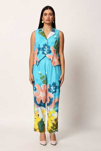 Buy_Ruhr India_Blue Cotton Collared Neck Kosumosu Print Waistcoat And Pant Set _Online_at_Aza_Fashions