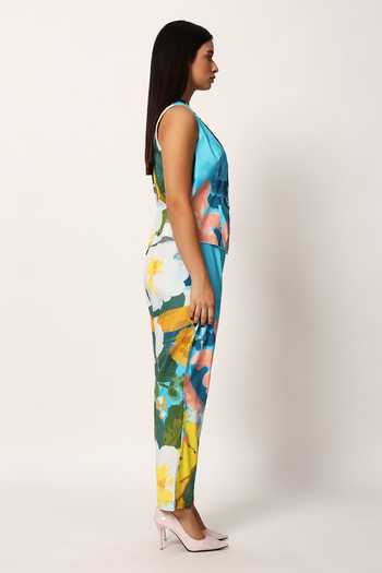 Shop_Ruhr India_Blue Cotton Collared Neck Kosumosu Print Waistcoat And Pant Set _Online_at_Aza_Fashions