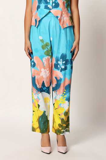 Ruhr India_Blue Cotton Collared Neck Kosumosu Print Waistcoat And Pant Set _at_Aza_Fashions