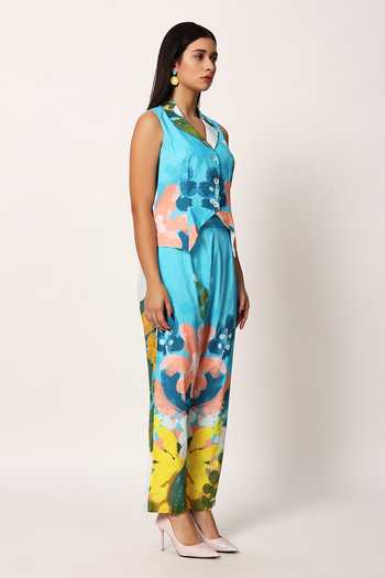 Buy_Ruhr India_Blue Cotton Collared Neck Kosumosu Print Waistcoat And Pant Set 