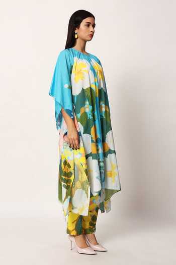 Ruhr India_Blue Cotton Round Neck Kosumosu Print Kaftan And Pant Set _Online_at_Aza_Fashions