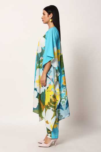 Buy_Ruhr India_Blue Cotton Round Neck Kosumosu Print Kaftan And Pant Set _Online_at_Aza_Fashions