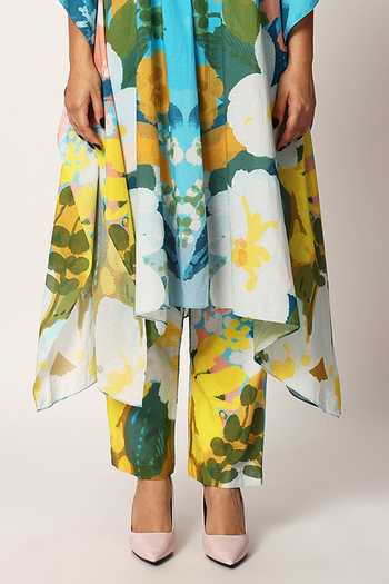 Shop_Ruhr India_Blue Cotton Round Neck Kosumosu Print Kaftan And Pant Set _Online_at_Aza_Fashions