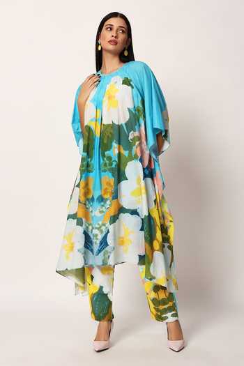 Ruhr India_Blue Cotton Round Neck Kosumosu Print Kaftan And Pant Set _at_Aza_Fashions