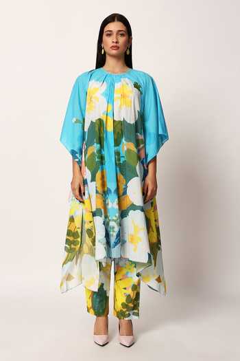 Buy_Ruhr India_Blue Cotton Round Neck Kosumosu Print Kaftan And Pant Set 
