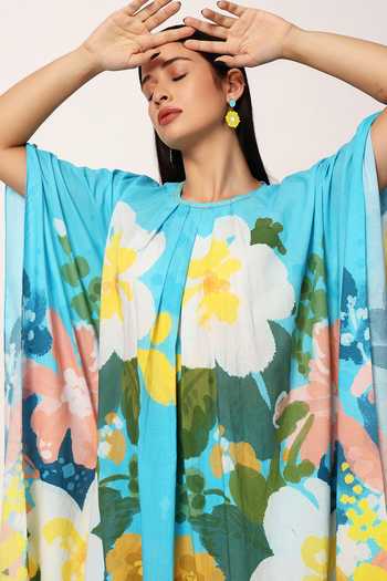 Shop_Ruhr India_Blue Cotton Round Neck Kosumosu Print Kaftan And Pant Set 
