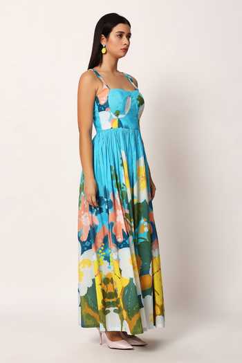 Ruhr India_Blue Cotton Sweetheart Neck Kosumosu Floral Print Dress _Online_at_Aza_Fashions