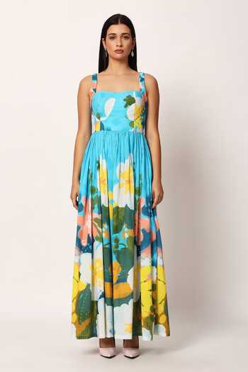 Buy_Ruhr India_Blue Cotton Sweetheart Neck Kosumosu Floral Print Dress _Online_at_Aza_Fashions