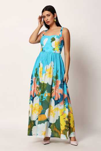 Shop_Ruhr India_Blue Cotton Sweetheart Neck Kosumosu Floral Print Dress _Online_at_Aza_Fashions