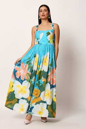 Ruhr India_Blue Cotton Sweetheart Neck Kosumosu Floral Print Dress _at_Aza_Fashions