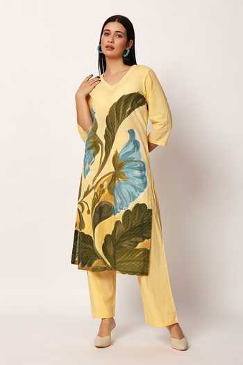 Buy_Ruhr India_Yellow Cotton V-neck Zwaan Print Kurta And Pant Set _Online_at_Aza_Fashions