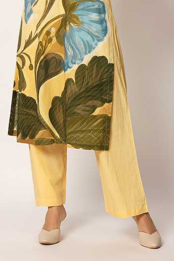Buy_Ruhr India_Yellow Cotton V-neck Zwaan Print Kurta And Pant Set 