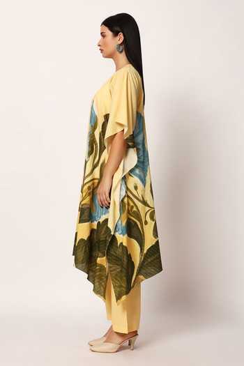 Ruhr India Yellow Cotton Round Neck Zwaan Print Kaftan And Pant Set Online at Aza Fashions Ruhr India_Yellow Cotton Round Neck Zwaan Print Kaftan And Pant Set _Online_at_Aza_Fashions