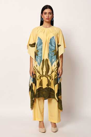 Buy Ruhr India Yellow Cotton Round Neck Zwaan Print Kaftan And Pant Set Online at Aza Fashions Buy_Ruhr India_Yellow Cotton Round Neck Zwaan Print Kaftan And Pant Set _Online_at_Aza_Fashions