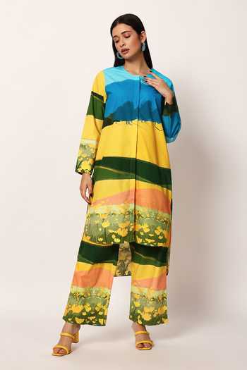 Shop Ruhr India Multi Color Cotton Round Neck, Yes Fuji Print Kurta And Pant Set Online at Aza Fashions Shop_Ruhr India_Multi Color Cotton Round Neck, Yes Fuji Print Kurta And Pant Set _Online_at_Aza_Fashions